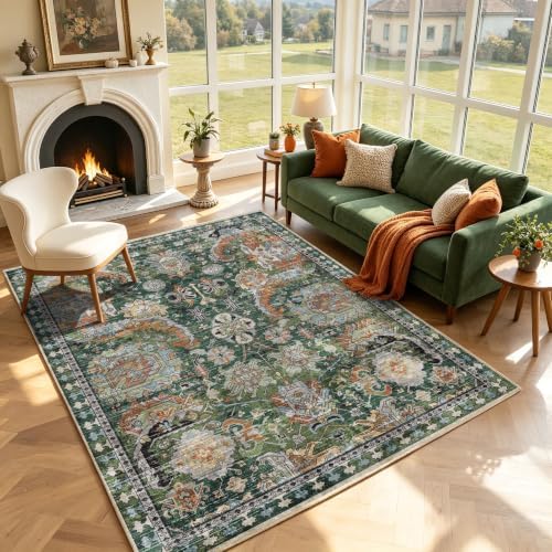 RUGSURE Washable Area Rugs - Perfect for Living Room, Bedroom, Kids Room, Nursery - Stain & Water Resistant Non-Slip, Pet & Child Friendly, Vintage Tribal Area Rugs (Green, 6' x 9') - Image 2