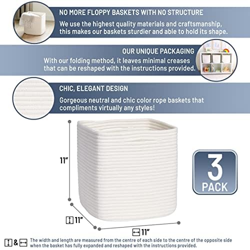 NaturalCozy Storage Cubes 11 Inch Cotton Rope Woven Baskets for Organizing, 3-Pack | Cube Storage Bin | Square Storage Baskets for Shelves Organizer, Classroom, Kids Toy Bins, Closet, Baby Nursery - Image 2