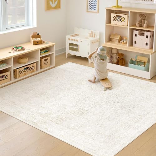 Bedroom Rug Washable Large Area Rugs Foldable Low Pile Print Non Slip Boho Patterned Rugs for Bedroom Living Room Dining Home Office (Floral Beige, 5'x7') - Image 5
