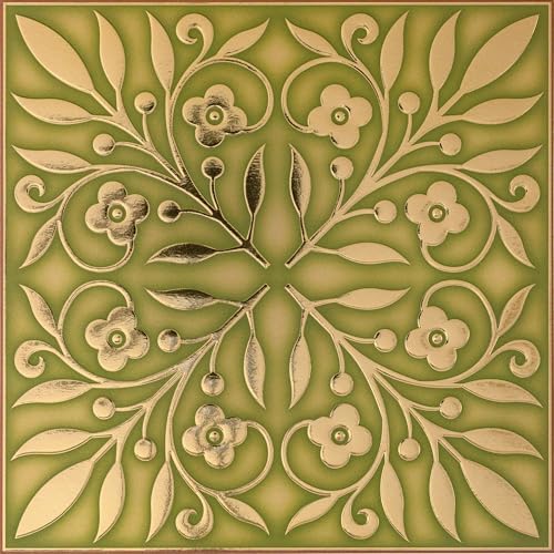 Main Street Peel and Stick Wallpaper Tiles, Gold & Green Leaves, 24-Pack by MainStreet