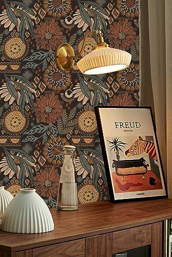 HAOKHOME Peel and Stick Wallpaper Boho Floral Vintage Botanical Bathroom | Renter Friendly Removable Textured Wall Paper Brown Cottagecore Green Orange Retro Moody Bedroom Accent Wall 17.3in x 9.8ft - Image 6