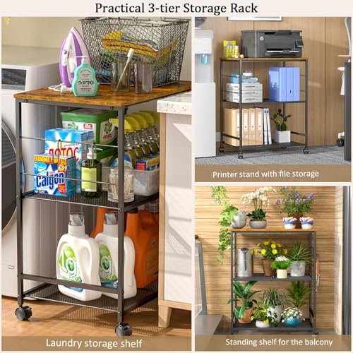 ThreeHio Rolling Kitchen Microwave Cart, 3 Tier Microwave Table Stand with Storage, Kitchen Utility Cart on Lockable Wheels, Small Coffee Cart Shelf Rack Organizer for Living Room Office, Balcony - Image 6