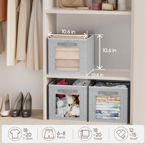 Homsorout Foldable Storage Cubes - Cubby Storage Organizer with Window, Decorative Fabric Bins for Clothes Storage, Closet Organizers for Shelves, 11inch, Set of 8, Light Grey - Image 4