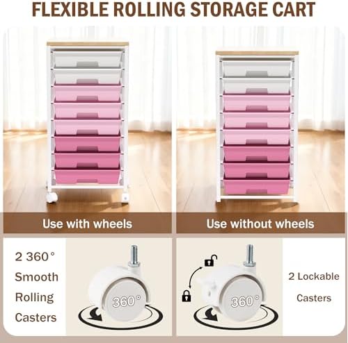 Rolling Cart with 8 Drawers, Storage Drawers Cart with Wooden Tabletop and Lockable Wheels, Craft Storage for Living Room, Office, Classroom, Craft Room, Bedroom - Image 6