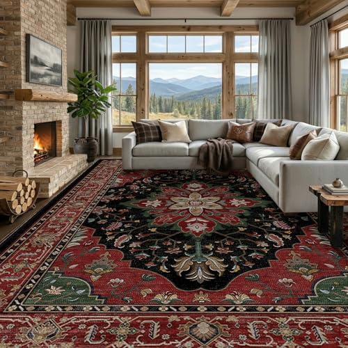 RELEANY Washable Area Rug, Large 9'x12', Red/Black by RELEANY