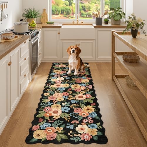 DUKINO 2x6 Runner Rug, Floral Washable Rug for Kitchen Non Slip, Black - Image 5