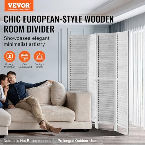 VEVOR Wood Room Divider, 4 Panel Folding Privacy Screen, 66.9 Inches Tall Indoor Wooden Partition, Portable Decoration Screen, for Room Separation, Home, Office, Restaurant & Bedroom (Light Grey) - Image 2