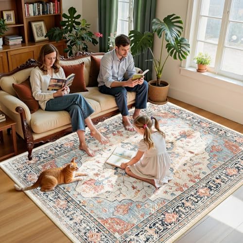 RELEANY Washable Area Rug, 6'x9', Beige/Blue/Orange - Image 3
