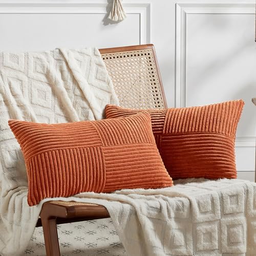 Fancy Homi Set of 2 Burnt Orange Lumbar Decorative Throw Pillow Covers 16x32 Inch for Living Room Couch Bed, Boho Farmhouse Fall Home Decor, Soft Corduroy Corss Patchwork Cushion Case 40x80 cm by Fancy+Homi