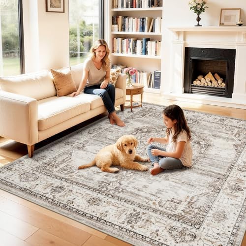 7x7 Area Rug Washable Living Room Rugs: 7ft Square Ultra Thin Soft Oriental Area Rugs Non-Slip Backing Farmhouse Rug Low Pile Thin Stain Resistant Indoor Carpets, 7' x 7' Beige by YOUFORTONG