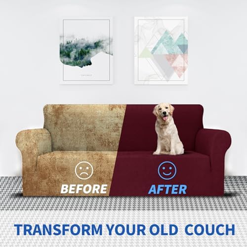MAXIJIN Loveseat Cover Sofa Covers (55"-69"), 1-Piece Stretch Couch Covers for 2 Cushion Couch Love Seat Slipcover with Elastic Bottom for Kids,Dog (Loveseat, Diamond Pattern Wine Red) - Image 5