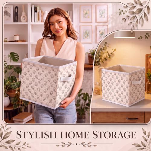 Bokon 6 Pcs 11'' Block Print Storage Bins Cube Beige Floral Storage Basket - Image 4