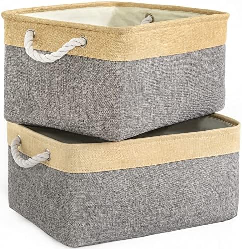 TheWarmHome Storage Basket for Organizing - 3 Pack 14x10x7 inch Large Collapsible Storage Bin for Shelves, Fabric Storage Cubes for Organizer ClosetCloth Gift Toy (Grey & Gold) by TheWarmHome