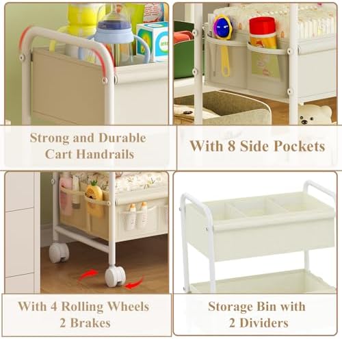3-Tier Baby Diaper Caddy Cart Organizer,Mobile Nursery Storage Carts with Wheels,With 2 Dividers&14 Mesh Pockets Durable Metal Utility Cart for Nursery, Bedroom, Bathroom, Baby Essentials Organization - Image 6