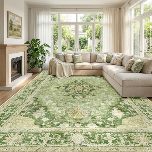 RELEANY Washable Area Rug, Large 9'x12', Green/Yellow by RELEANY
