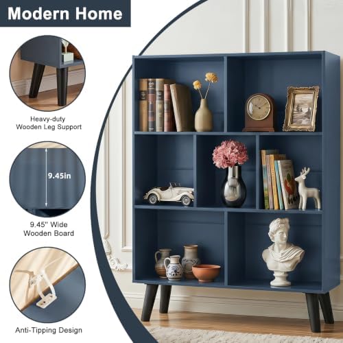 YAHARBO Blue Bookshelf,3 Tier Book Shelf with Legs, 7 Cube Minimalist Bookcase,Storage Organizer Shelves Display Bookcases for Bedroom,Living Room - Image 5