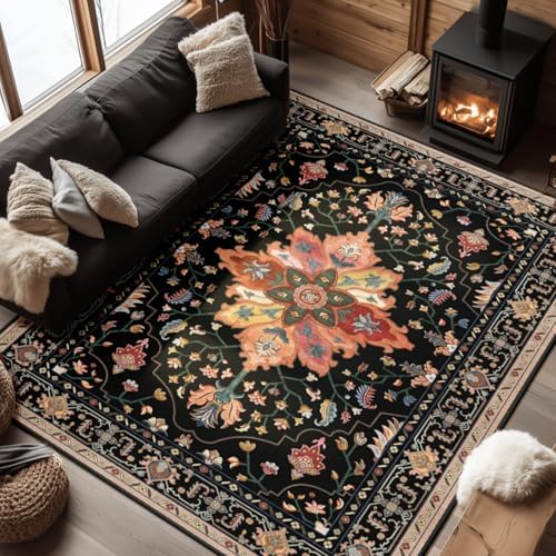 RELEANY Washable Area Rug, 6'x8', Black/Colorful by RELEANY