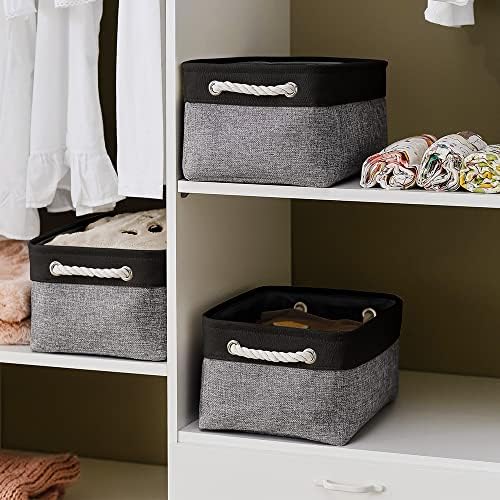 TheWarmHome Storage Basket for Organizing - 14x10x7 inch Medium 3 Pack Collapsible Storage Bin for Shelves with Rope, Fabric Storage Cubes for Organizer Cloth Gift Toy Closet (Black & Grey) - Image 2