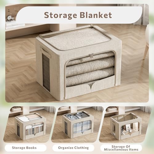 FHSQX 3 Pack Clothes Storage Bins Foldable Metal Frame Storage Box Stackable Linen Fabric Organizer Set with Carrying Handles and Clear Window (Beige, 15.7x11.8x11.8inch(36L)) - Image 2