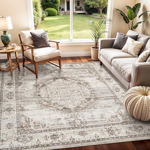 5x5 Area Rug Washable Living Room Rugs: 5ft Square Ultra Thin Soft Oriental Area Rugs Non-Slip Backing Farmhouse Rug Low Pile Thin Stain Resistant Indoor Carpets, 5' x 5' Beige - Image 2