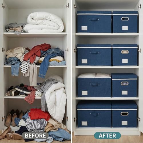 PRANDOM Storage Bins with Lids [3-Pack] Linen Fabric Foldable Storage Boxes Organizer Containers Baskets Cube with Cover for Bedroom Closet Office Royal Blue(23.4X15.9X11.4) - Image 5