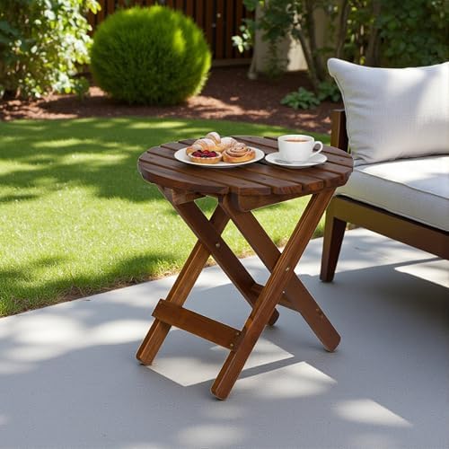 Shine Company Round Wooden Folding Solid Wood Side Table, Outdoor Adirondack Small Patio Table, Oak - Image 2