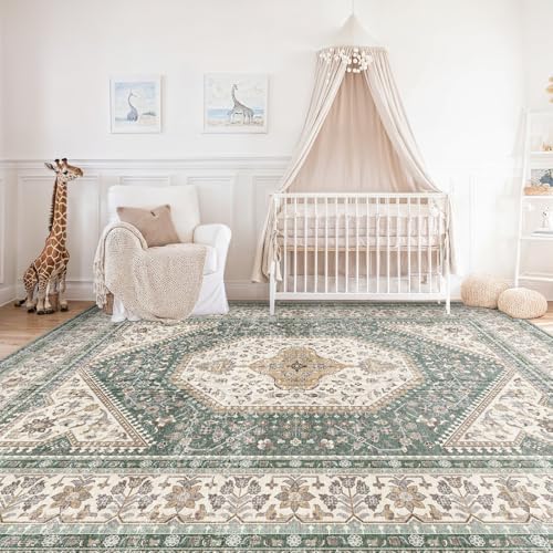 10x12 Washable Area Rug for Living Room - Non-Slip Vintage Rugs Green Beige - Image 2