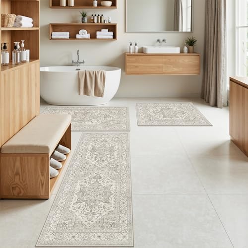 Madane Washable Kitchen Rug Set of 3 Small Area Rugs Non-Slip, Beige/Brown - Image 4