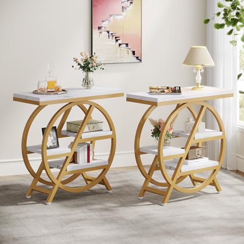Tribesigns End Table Set of 2, Modern Faux Marble Side Table for Living Room, 3 Tier Narrow Sofa Side Table with Storage and Metal Frame, Nightstand and Bedside Table for Bedroom, Gold & White by Unknown