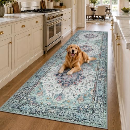 RELEANY Washable Area Rug, Runner 3'x10', Teal Green/White/Navy - Image 2