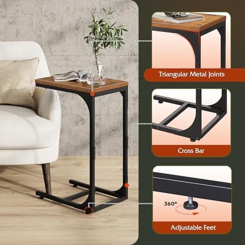 WLIVE C-Shaped End Table Set of 2, Small Couch Side Tables with Metal Frame, Sofa Table TV Tray for Living Room, Bedroom, Rustic Brown - Image 5