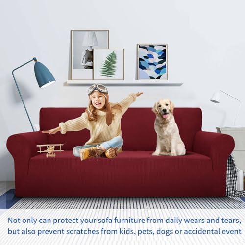MAXIJIN Super Stretch Couch Cover for 3 Cushion Couch, 1-Piece Universal Sofa Covers Living Room Jacquard Spandex Furniture Protector Dogs Pet Friendly Fitted (Large, Wine Red) - Image 5