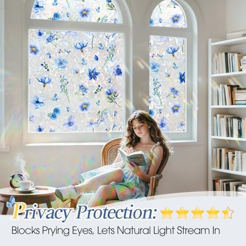 Coavas Stained Glass Window Privacy Film, 3D Rainbow Floral, 35.4" x 78.7" - Image 3