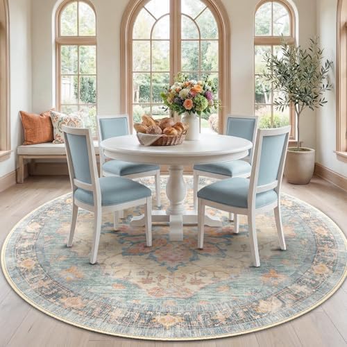 RELEANY Washable Area Rug, Round 7ft, Blue/Orange/Red by RELEANY