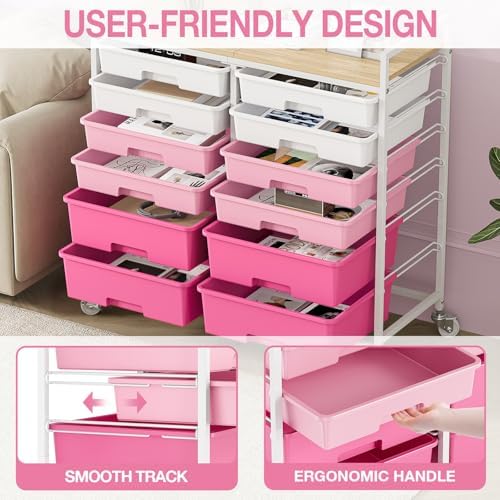 TOOLF 12 Drawers Rolling Storage Cart with Wooden Top for Classroom,Pink - Image 5
