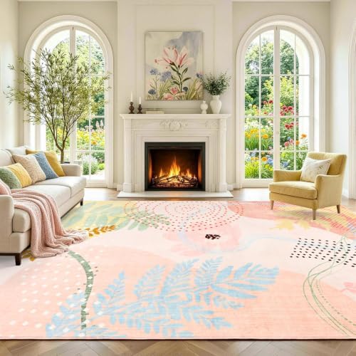6x9 Ft Washable Area Rug for Living Room Cream Pink Modern Neutral Carpet - Image 2