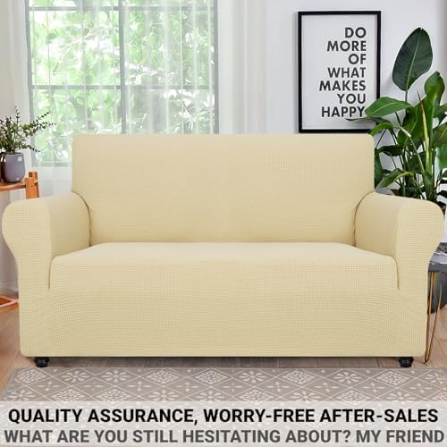 ZNSAYOTX Super Stretch Couch Cover Love Seat Sofa Covers for Living Room Dogs Pet Friendly Furniture Protector Spandex Loveseat Slipcovers with Anti Slip Foam Sticks (Beige, Medium) - Image 5
