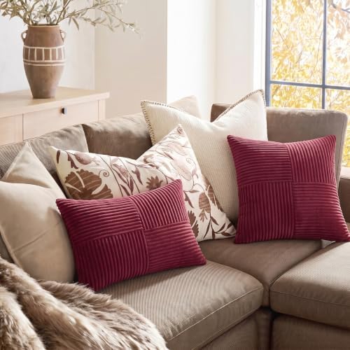Fancy Homi 2 Packs Burgundy Long Lumbar Decorative Throw Pillow Covers 12x24 Inch for Couch Bed Sofa, Rustic Farmhouse Boho Home Decor, Soft Striped Corduroy Rectangle Accent Cushion Case 30x60 cm - Image 5