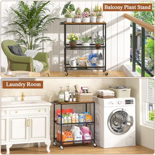 3 Tier Rolling Utility Kitchen Cart on Wheels, Heavy Duty Wire Rolling Cart with Wooden Top, Commercial Metal Serving Cart with Handle, Kitchen Island Food Storage Trolley for Laundry, Office, Garage - Image 6