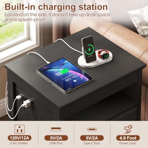 Yusong LED Night Stand with Gun Drawer, Bedside Table with Charging Station, Sofa Couch End Side Table with with 2 Drawers ＆Open Shelf for Bedroom, Black - Image 5