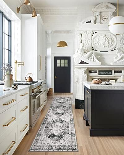 Moynesa Ultra-Thin Washable Runner Rug - 2'6" x 10' Grey Long Hallway Rug Runner Kitchen Carpet Runner 10ft, Vintage Non Slip Low Pile Stair Floor Mat for Bathroom Bedroom Living Room Entryway - Image 6