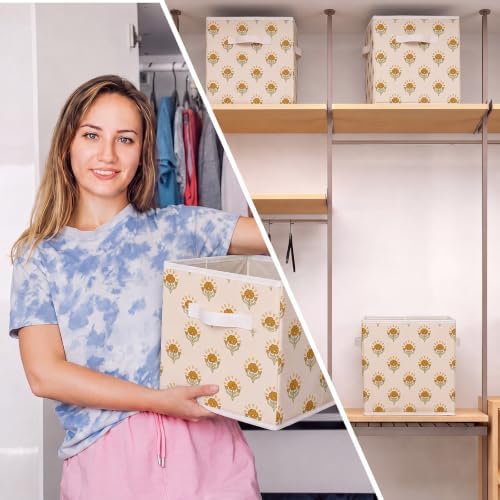 Bokon 6 Pcs 11'' Mustard Yellow Block Print Storage Bin Floral Storage Cube - Image 6