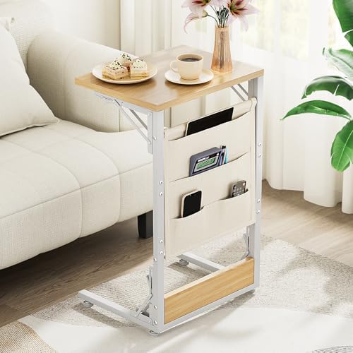 Folding TV Tray Table, 28.8" Tall C-Shaped Side Table for Couch and Bed, Slide Under Sofa Side Desk with Storage Bag - Sturdy Metal Frame Tray for Living Room, Bedroom, Home & Office (Light Walnut) - Image 2