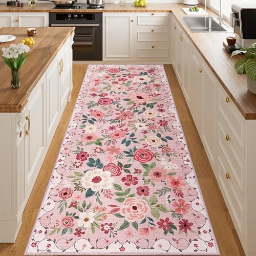 DUKINO 3x8 Kitchen Runner Rug, Washable Rug for Hallway Non Slip, Pink by DUKINO