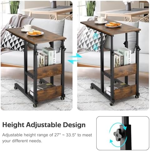 Hadulcet C Shaped Side Table Adjustable, Height Adjustable C Table with Wheels and Storage Shelves for Couch Bed Recliner Rustic Brown - Image 5
