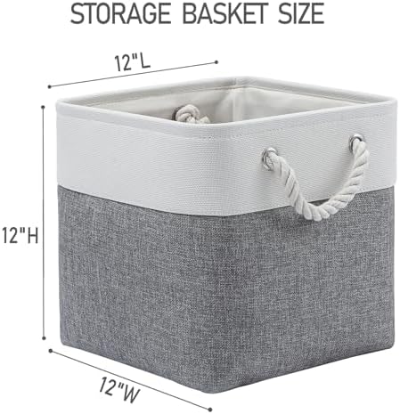 MidmmVick 12 x 12 Inch Cube Storage Bins, 6 Pack Large Collapsible Fabric Storage Bin with Ropes, Foldable Storage Cubes for Home, Office,Closet, Clothes, Toys Organizer (White & Grey) - Image 4