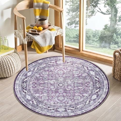 OPPODREAM Vintage Purple Area Rugs 4' Round, Washable Rug for Living Room by OPPODREAM