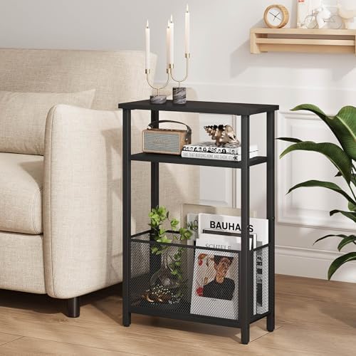 MMEOLUOOK Narrow Side Table with Storage Basket Skinny End Tables for Smalls Spaces 3 Tier Sofa Table Small Nightstand Slim Bedside Table for Living Room Bedroom Black MLBZ22B - Image 6