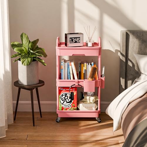 Sorgion 3 Tier Rolling Cart Organizer,Laundry Room Bathroom Organizers and Storage Office Shelves Mobile Shelving Unit Kitchen Trolley Cart with Wheels for Art,Craft,Diaper,Bedside,Snack(Pink) - Image 2