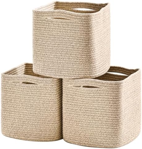 11 Inch Cube Storage Bins, Organizing Bins for Cube Organizer, Storage Baskets for Organizing, Woven Storage Basket for Shelves, Cotton Rope Toy Baskets Storage Kids, Brown (Pack of 3) by Unknown